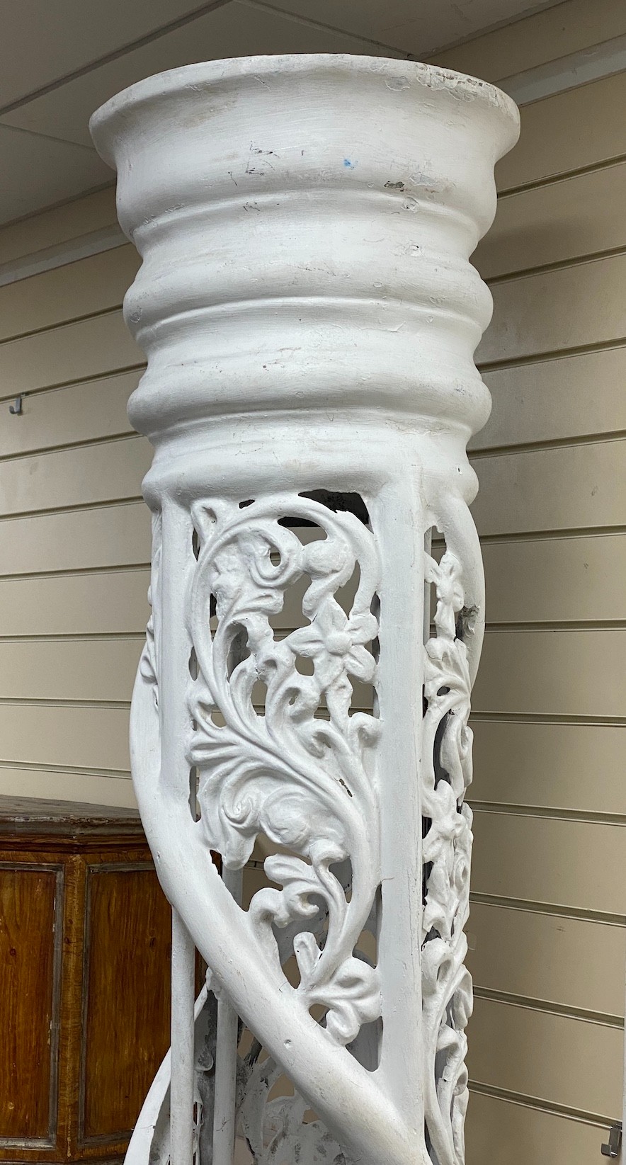 A pair of large white painted fibre glass helical columns, height 239cm